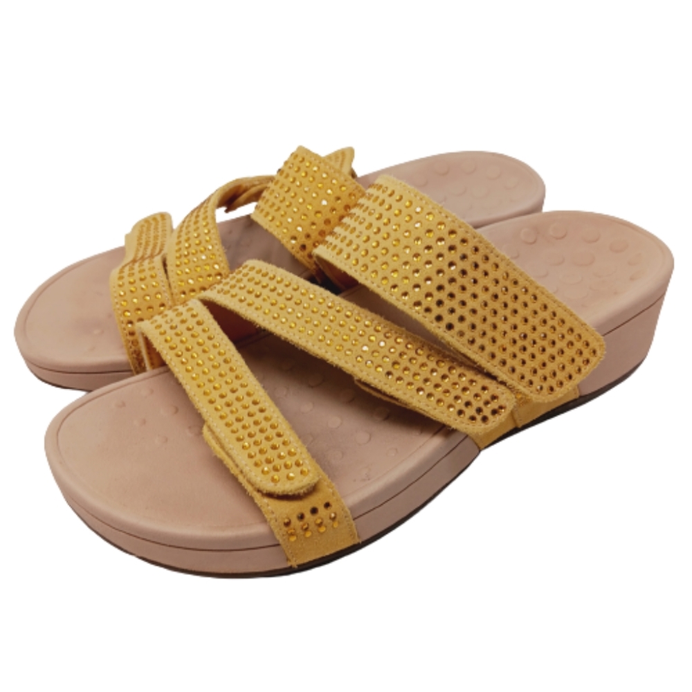 Vionic Alexis Platform Suede Sandals in Yellow Rhinestones Size 8